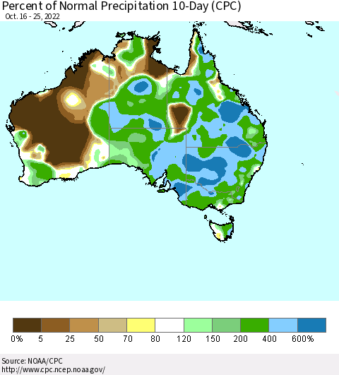 Australia Percent of Normal Precipitation 10-Day (CPC) Thematic Map For 10/16/2022 - 10/25/2022