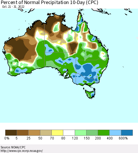 Australia Percent of Normal Precipitation 10-Day (CPC) Thematic Map For 10/21/2022 - 10/31/2022