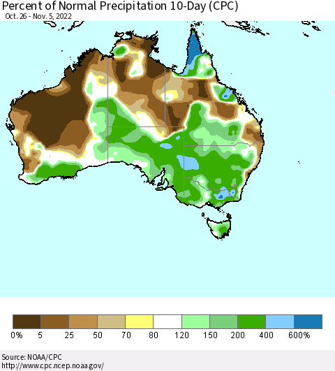 Australia Percent of Normal Precipitation 10-Day (CPC) Thematic Map For 10/26/2022 - 11/5/2022