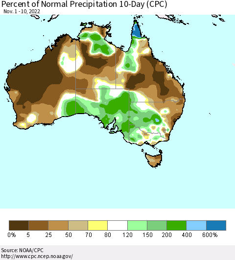 Australia Percent of Normal Precipitation 10-Day (CPC) Thematic Map For 11/1/2022 - 11/10/2022