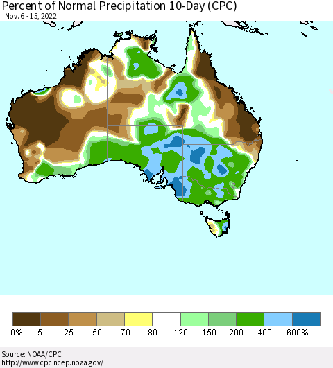 Australia Percent of Normal Precipitation 10-Day (CPC) Thematic Map For 11/6/2022 - 11/15/2022