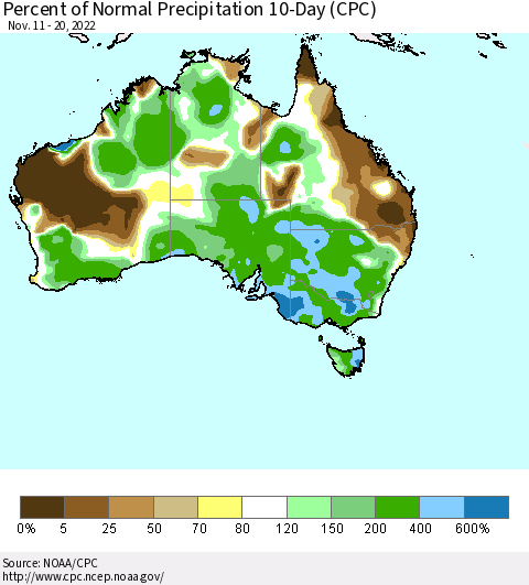 Australia Percent of Normal Precipitation 10-Day (CPC) Thematic Map For 11/11/2022 - 11/20/2022