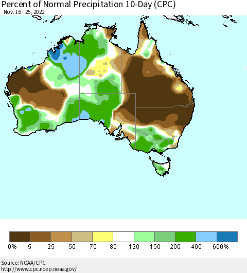 Australia Percent of Normal Precipitation 10-Day (CPC) Thematic Map For 11/16/2022 - 11/25/2022