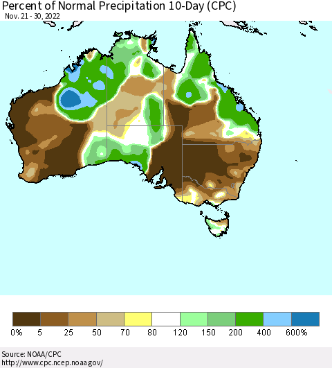 Australia Percent of Normal Precipitation 10-Day (CPC) Thematic Map For 11/21/2022 - 11/30/2022