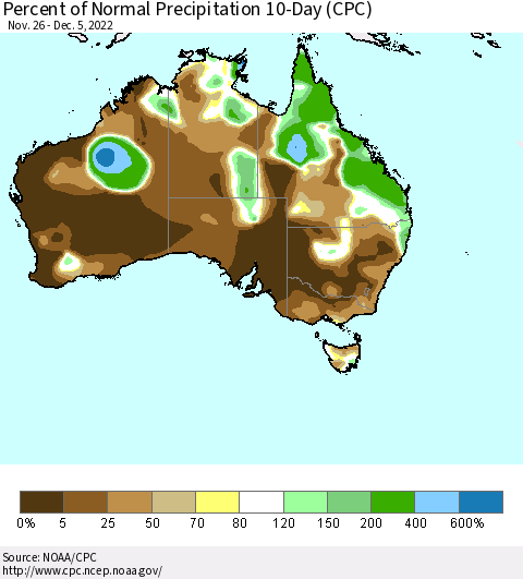 Australia Percent of Normal Precipitation 10-Day (CPC) Thematic Map For 11/26/2022 - 12/5/2022