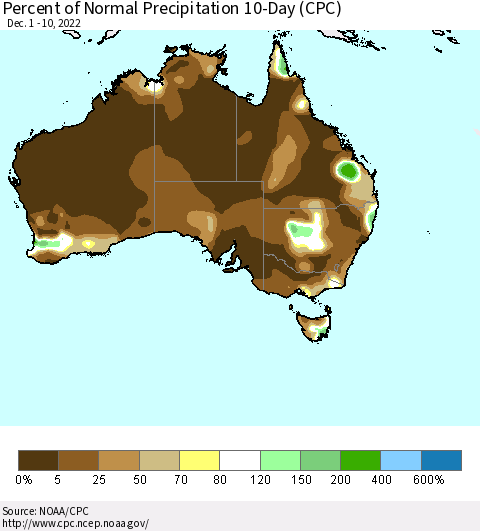 Australia Percent of Normal Precipitation 10-Day (CPC) Thematic Map For 12/1/2022 - 12/10/2022