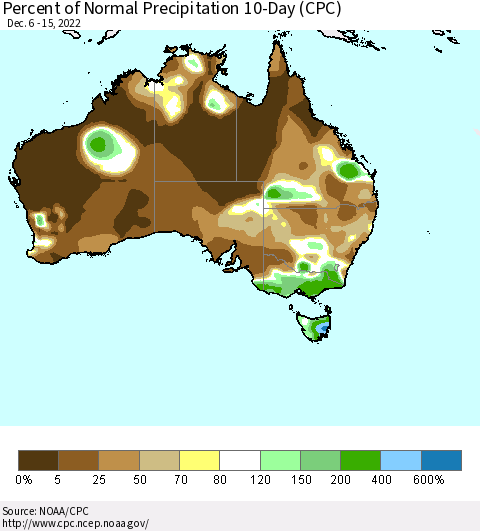 Australia Percent of Normal Precipitation 10-Day (CPC) Thematic Map For 12/6/2022 - 12/15/2022