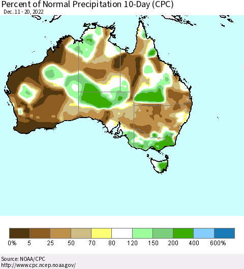Australia Percent of Normal Precipitation 10-Day (CPC) Thematic Map For 12/11/2022 - 12/20/2022