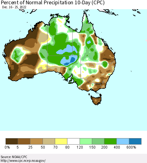 Australia Percent of Normal Precipitation 10-Day (CPC) Thematic Map For 12/16/2022 - 12/25/2022