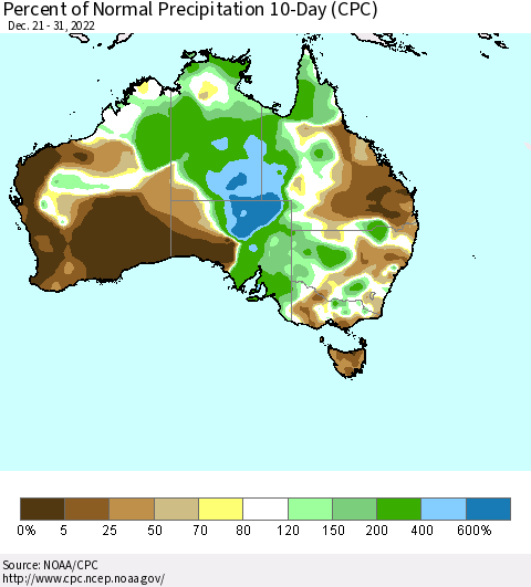 Australia Percent of Normal Precipitation 10-Day (CPC) Thematic Map For 12/21/2022 - 12/31/2022