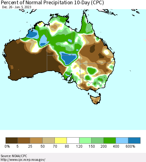 Australia Percent of Normal Precipitation 10-Day (CPC) Thematic Map For 12/26/2022 - 1/5/2023