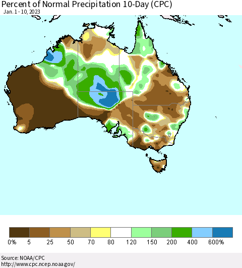 Australia Percent of Normal Precipitation 10-Day (CPC) Thematic Map For 1/1/2023 - 1/10/2023