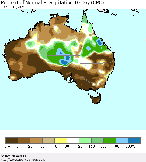 Australia Percent of Normal Precipitation 10-Day (CPC) Thematic Map For 1/6/2023 - 1/15/2023