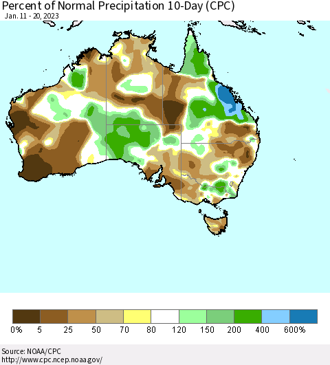Australia Percent of Normal Precipitation 10-Day (CPC) Thematic Map For 1/11/2023 - 1/20/2023