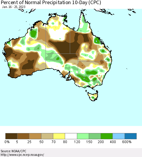 Australia Percent of Normal Precipitation 10-Day (CPC) Thematic Map For 1/16/2023 - 1/25/2023