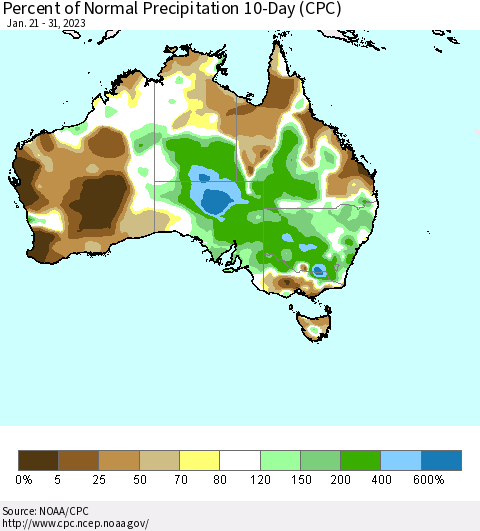 Australia Percent of Normal Precipitation 10-Day (CPC) Thematic Map For 1/21/2023 - 1/31/2023