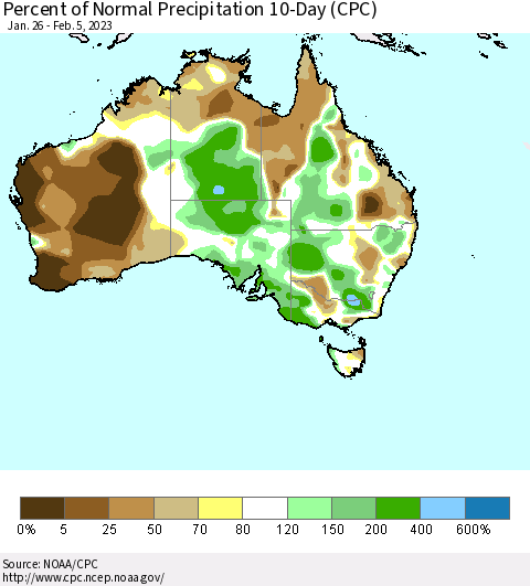 Australia Percent of Normal Precipitation 10-Day (CPC) Thematic Map For 1/26/2023 - 2/5/2023