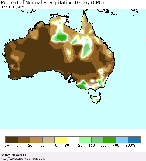 Australia Percent of Normal Precipitation 10-Day (CPC) Thematic Map For 2/1/2023 - 2/10/2023