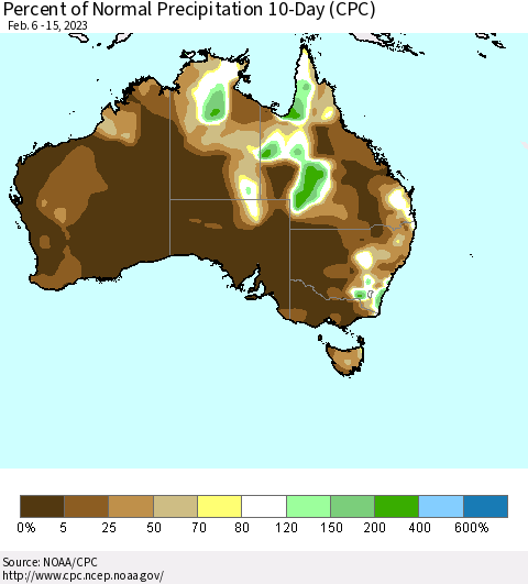 Australia Percent of Normal Precipitation 10-Day (CPC) Thematic Map For 2/6/2023 - 2/15/2023