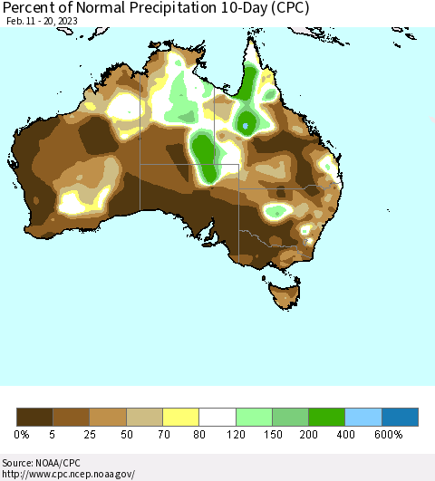 Australia Percent of Normal Precipitation 10-Day (CPC) Thematic Map For 2/11/2023 - 2/20/2023