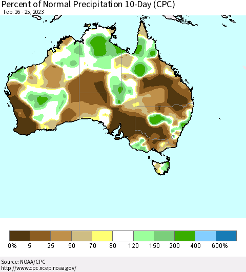 Australia Percent of Normal Precipitation 10-Day (CPC) Thematic Map For 2/16/2023 - 2/25/2023