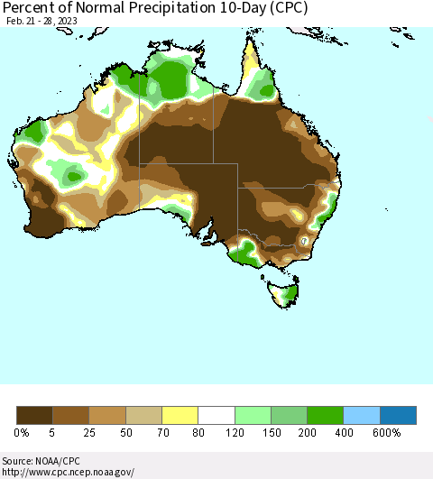 Australia Percent of Normal Precipitation 10-Day (CPC) Thematic Map For 2/21/2023 - 2/28/2023