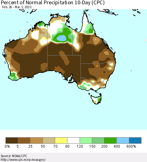 Australia Percent of Normal Precipitation 10-Day (CPC) Thematic Map For 2/26/2023 - 3/5/2023