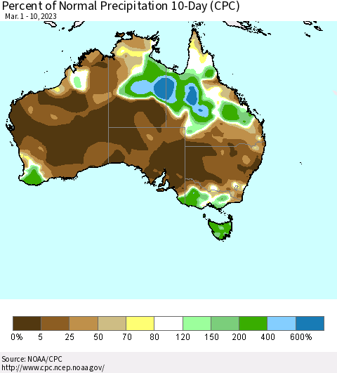 Australia Percent of Normal Precipitation 10-Day (CPC) Thematic Map For 3/1/2023 - 3/10/2023