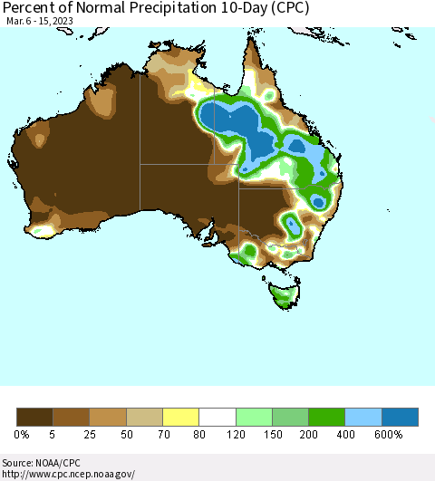 Australia Percent of Normal Precipitation 10-Day (CPC) Thematic Map For 3/6/2023 - 3/15/2023