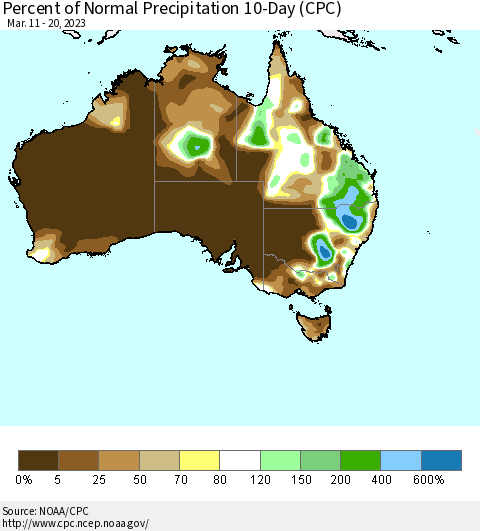 Australia Percent of Normal Precipitation 10-Day (CPC) Thematic Map For 3/11/2023 - 3/20/2023