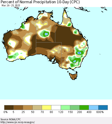Australia Percent of Normal Precipitation 10-Day (CPC) Thematic Map For 3/16/2023 - 3/25/2023