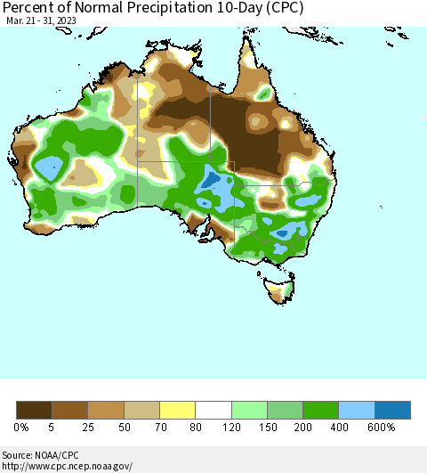Australia Percent of Normal Precipitation 10-Day (CPC) Thematic Map For 3/21/2023 - 3/31/2023
