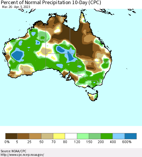Australia Percent of Normal Precipitation 10-Day (CPC) Thematic Map For 3/26/2023 - 4/5/2023