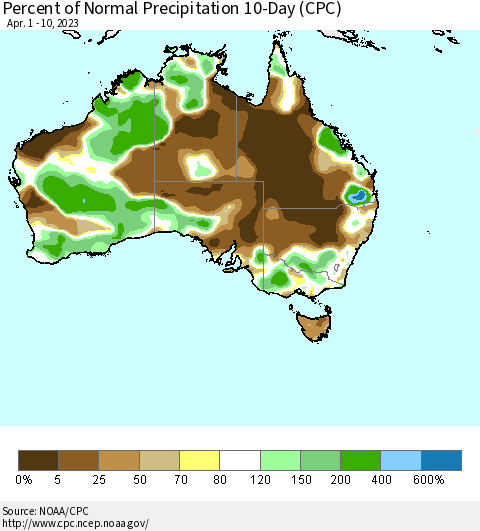 Australia Percent of Normal Precipitation 10-Day (CPC) Thematic Map For 4/1/2023 - 4/10/2023