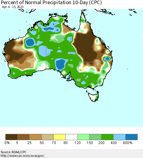 Australia Percent of Normal Precipitation 10-Day (CPC) Thematic Map For 4/6/2023 - 4/15/2023