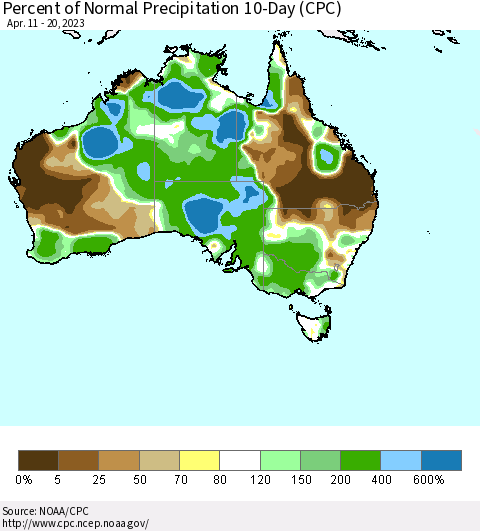 Australia Percent of Normal Precipitation 10-Day (CPC) Thematic Map For 4/11/2023 - 4/20/2023