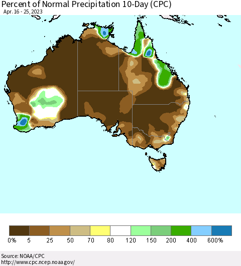 Australia Percent of Normal Precipitation 10-Day (CPC) Thematic Map For 4/16/2023 - 4/25/2023