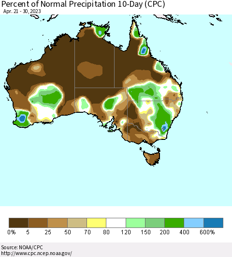 Australia Percent of Normal Precipitation 10-Day (CPC) Thematic Map For 4/21/2023 - 4/30/2023