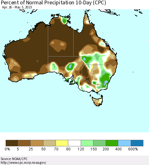 Australia Percent of Normal Precipitation 10-Day (CPC) Thematic Map For 4/26/2023 - 5/5/2023