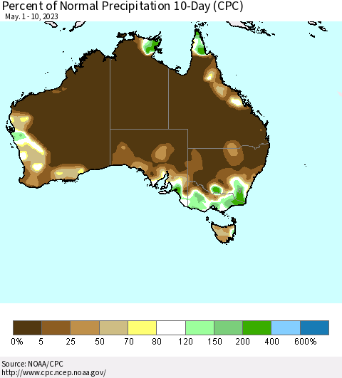 Australia Percent of Normal Precipitation 10-Day (CPC) Thematic Map For 5/1/2023 - 5/10/2023
