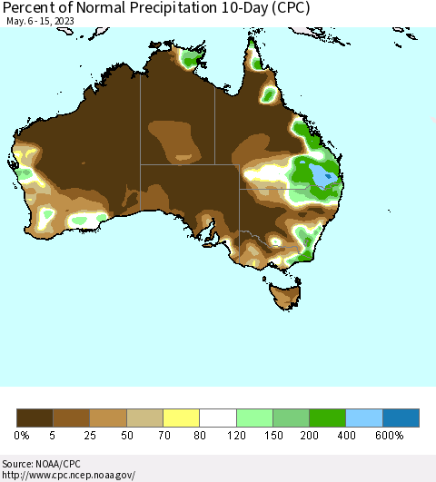 Australia Percent of Normal Precipitation 10-Day (CPC) Thematic Map For 5/6/2023 - 5/15/2023