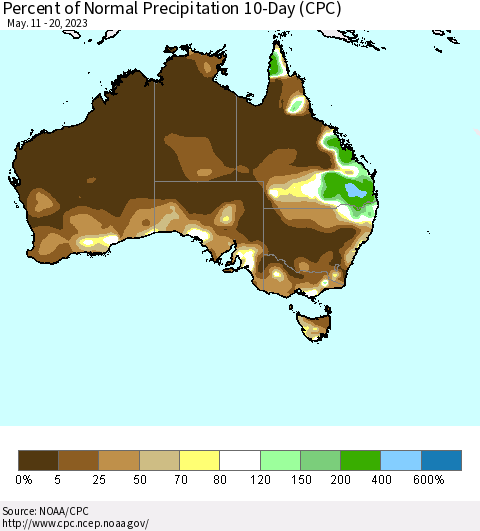 Australia Percent of Normal Precipitation 10-Day (CPC) Thematic Map For 5/11/2023 - 5/20/2023