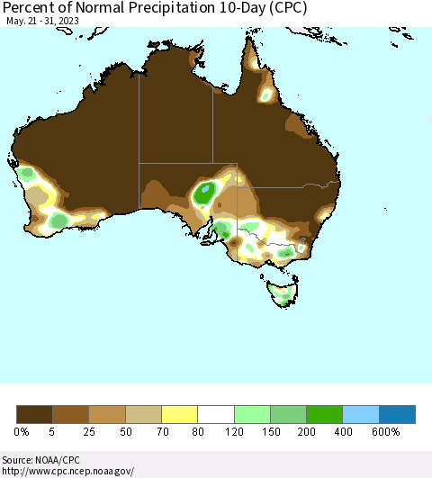 Australia Percent of Normal Precipitation 10-Day (CPC) Thematic Map For 5/21/2023 - 5/31/2023