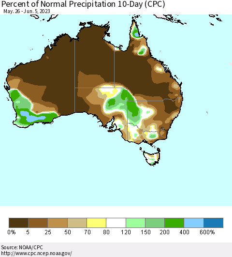 Australia Percent of Normal Precipitation 10-Day (CPC) Thematic Map For 5/26/2023 - 6/5/2023