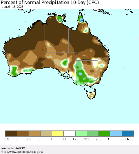 Australia Percent of Normal Precipitation 10-Day (CPC) Thematic Map For 6/6/2023 - 6/15/2023