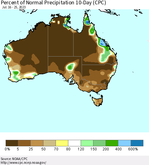 Australia Percent of Normal Precipitation 10-Day (CPC) Thematic Map For 7/16/2023 - 7/25/2023