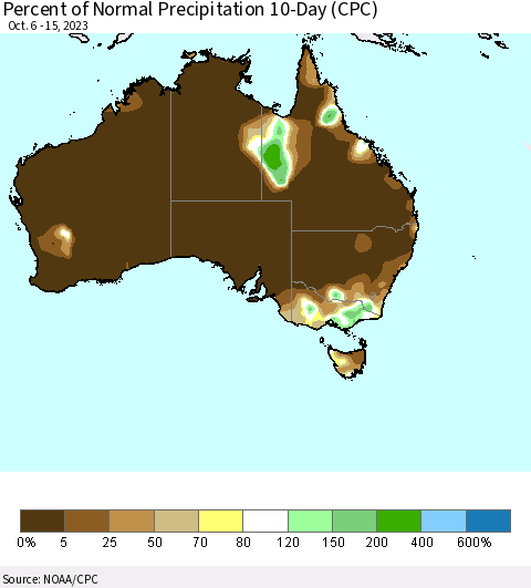 Australia Percent of Normal Precipitation 10-Day (CPC) Thematic Map For 10/6/2023 - 10/15/2023