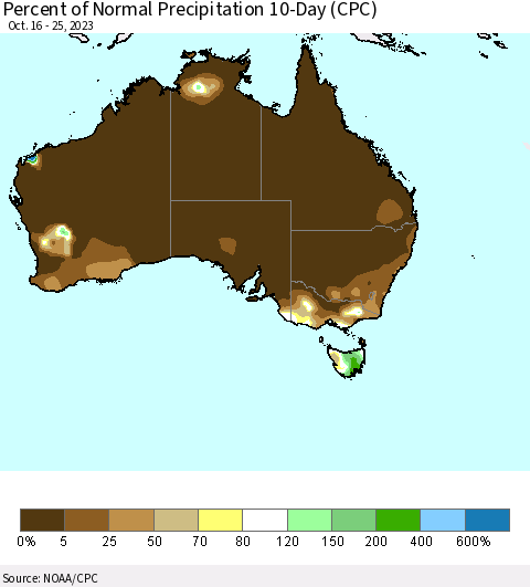 Australia Percent of Normal Precipitation 10-Day (CPC) Thematic Map For 10/16/2023 - 10/25/2023