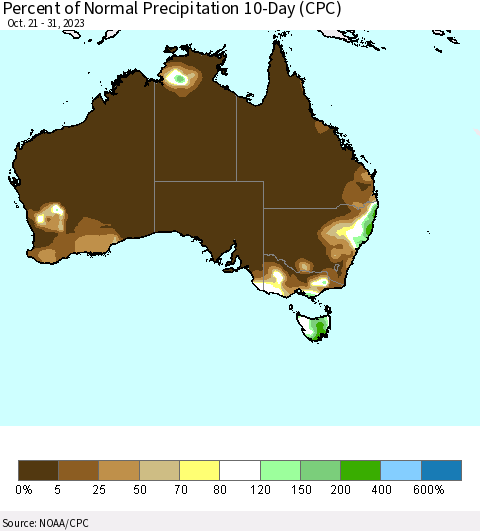 Australia Percent of Normal Precipitation 10-Day (CPC) Thematic Map For 10/21/2023 - 10/31/2023