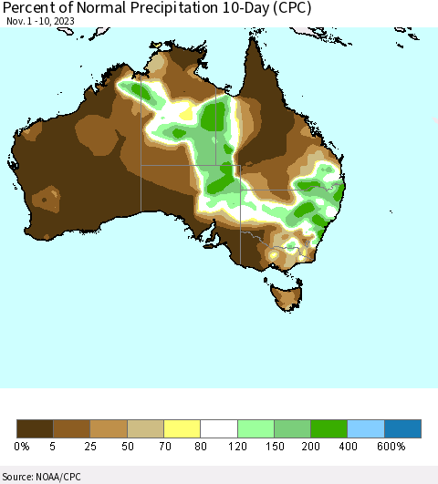 Australia Percent of Normal Precipitation 10-Day (CPC) Thematic Map For 11/1/2023 - 11/10/2023